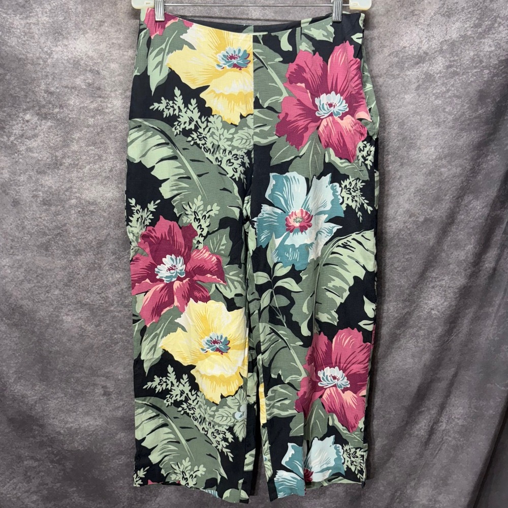Tommy Bahama Black Floral 100% Silk Wide Leg Pants Size 12 Tropical Hawaiian